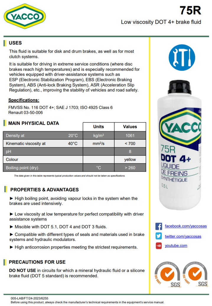 Тормозная жидкость YACCO 75 R DOT 4+  (5L)